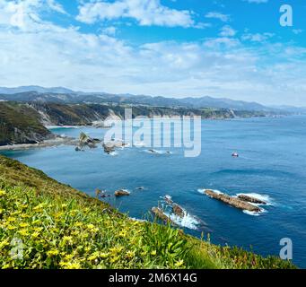 Floraison d'été Cap Vidio paysage (côte asturienne, Cudillero, Espagne). Banque D'Images