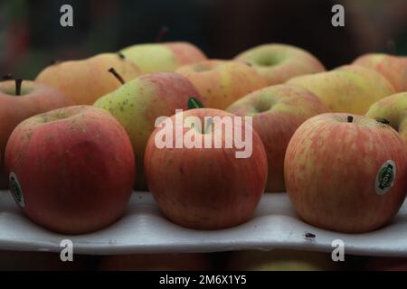 Photo de gros plan des pommes rouges et jaunes Banque D'Images