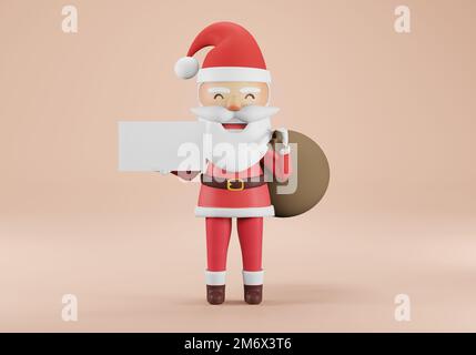 3D Render , personnage de dessin animé de Noël du Père Noël qui se replace sur un signe donnant . , Bonne année et carte de joyeux Noël. signe vierge Banque D'Images