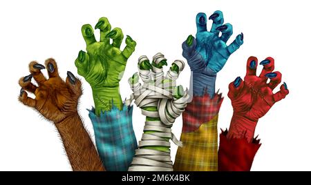 Monster Zombie Hands groupe comme le loup-garou le vampire et le démon rouge et la momie comme les monstres de cary atteignant pour saisir sur un fond blanc représentant Banque D'Images