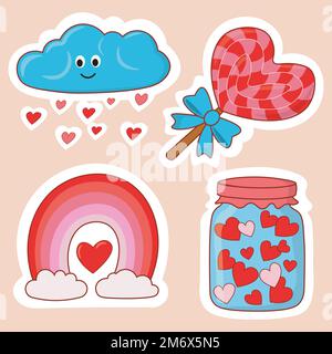 les autocollants de saint-valentin sont composés de nuages heureux, de bonbons, d'amour arc-en-ciel et d'une bouteille avec des petits coeurs Illustration de Vecteur