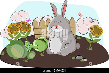 Un mignon lièvre arrose le chou dans son jardin et admire Illustration de Vecteur