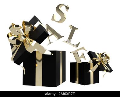 3d rendu de boîtes-cadeaux ouvertes isolées de couleur noire avec rubans et noeuds en or et texte de vente volante. Banque D'Images