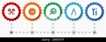 Icônes de vecteur de service de voiture et d'atelier, collection de badges Web de conception à plat de réparation automatique, modèle d'infographie d'entreprise Illustration de Vecteur