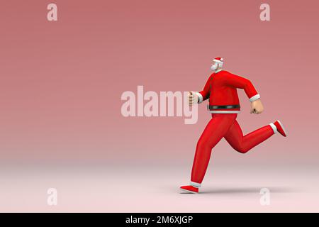 Un homme portant le costume du Père Noël est en train de courir. 3d rendu du personnage de dessin animé en action. Banque D'Images