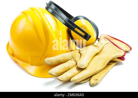 écouteurs gants casque isolé sur blanc Banque D'Images