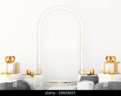 concept de nature maquette de podium en marbre. scène avec pierre, roche, objet or et fond blanc, exposition de produit blanc, rendu 3d de luxe. support Banque D'Images