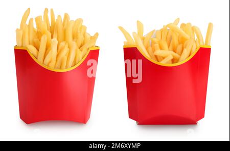 Frites ou pommes de terre frites dans une boîte en carton rouge isolé sur fond blanc avec une profondeur de champ totale Banque D'Images