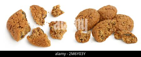 biscuits aux flocons d'avoine avec graines de lin, de citrouille et de tournesol isolées sur fond blanc avec une profondeur de champ totale. Vue de dessus. Pose à plat Banque D'Images