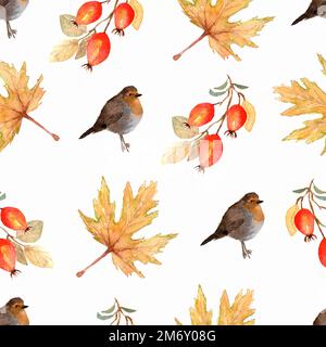 Motif aquarelle sans couture avec feuilles de marple d'automne, branches de baies de rosier pour chiens et oiseaux. Magnifique papier peint d'automne. Banque D'Images