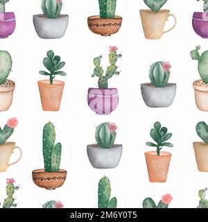 Aquarelle sans couture Cacti flower pattern.fond dessiné à la main avec cactus et succulents dans le pot. Plantes de maison vertes dans les pots de couleurs différentes Banque D'Images