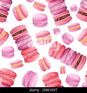 Motif de l'aquarelle différents goût macarons, collection de la variation coloré cookies français. Objets alimentaires peints à la main isolés sur fond blanc Banque D'Images