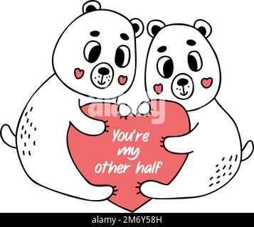 Adorable paire d'ours en peluche avec grand cœur. Carte Saint-Valentin. Vous êtes mon autre moitié. Illustration vectorielle de style doodle. Pour le design, la décoration, les cartes, pri Illustration de Vecteur
