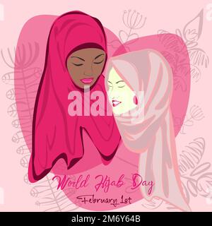 Journée mondiale du hijab le 1 février, célébration de la journée internationale et conception de l'accueil. Hijab femmes musulmanes couverture. Logo, concept, bannière, autocollant, carte. Illustration de Vecteur