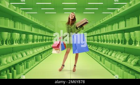 Portrait de jeune femme élégante debout avec de nombreux sacs de shopping oevr 3D modèle de fond de supermarché. Grande saison de vente, concept du Vendredi fou Banque D'Images