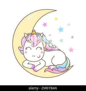 Le joli kawaii unicorn dort sur la lune. Vecteur Illustration de Vecteur