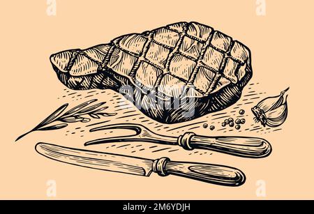 Steak de veau grillé avec couteau et fourchette. Concept de cuisine. Illustration vectorielle vintage d'esquisse dessinée à la main Illustration de Vecteur