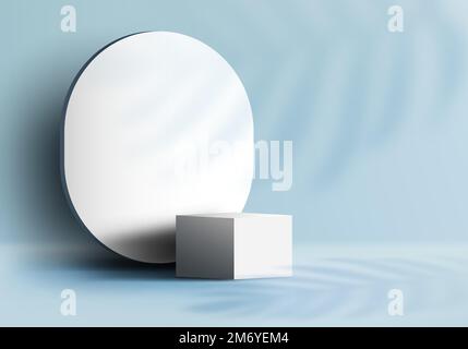 3D piédestal blanc cube vide réaliste sur fond bleu avec toile de fond ovale, éclairage et feuilles ombrées. Vous pouvez utiliser pour la présentation du produit, Illustration de Vecteur