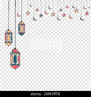 Modèle décoratif pour le ramadan avec étoiles, lune et lanterne. kareem de ramadan dessiné à la main avec lanterne. Illustration vectorielle Illustration de Vecteur