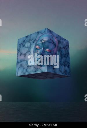 L'abrégé 3D illustre une tête dans un cube au-dessus de l'eau Banque D'Images