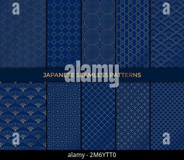 Ensemble de 10 motifs de style japonais. Collection vectorielle d'arrière-plans asiatiques. Collection de motifs japonais sans coutures. Papier peint décoratif. Illustration de Vecteur