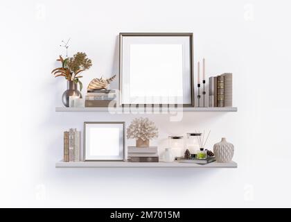 Intérieur moderne et élégant décor maison ensemble design dans la salle de séjour avec plantes sèches dans un vase, livres, bougies, accessoires élégants. Décoration intérieure confortable, effet de maquette Banque D'Images