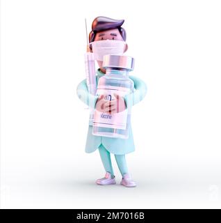 Médecin 3D clip art illustration isolée. 3D personnage de dessin animé de médecin portant uniforme, blouse médicale, masque, contenant le flacon de vaccin Covid-19, Banque D'Images