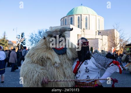 Couple en costume traditionnel pendant les festivités annuelles de Buso / Poklade de Mohacs, Hongrie Banque D'Images