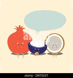 Fruits tropicaux avec le vecteur de personnage de dessin animé de bulle de parole vierge Illustration de Vecteur