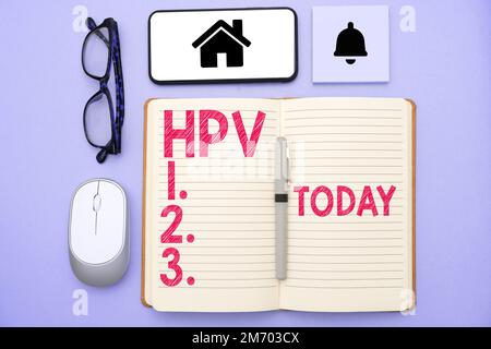 Signe d'écriture à la main HPV. Aperçu de l'entreprise Groupe de virus qui affectent votre peau et les membranes humides Banque D'Images