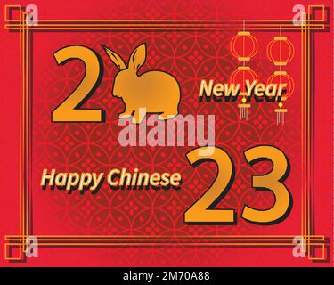 Bonne année chinoise 2023, année du lapin. Le fond rouge de tempalte contient le zodiaque de lapin des Chinois et de la lanterne. Illustration de Vecteur