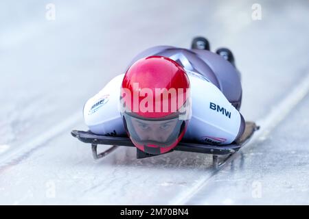 WINTERBERG, ALLEMAGNE - JANVIER 6 : Hallie Clarke concourge au Skeleton féminin lors de la coupe du monde Bob & Skeleton de BMW IBSF à la Veltins-EisArena sur 6 janvier 2023 à Winterberg, Allemagne (photo de Patrick Goosen/Orange Pictures) Banque D'Images