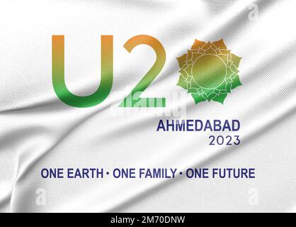 Drapeau U20 Inde, drapeau de tissu urbain 2023 Inde, logo officiel Conférence urbaine 20 à Gandhinagar, urbain à Ahmedabad 2023 3D illustration et 3D travaux Banque D'Images