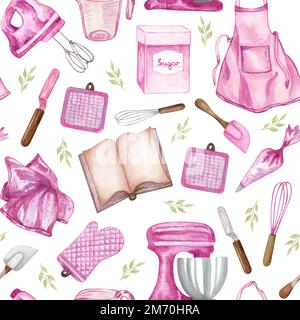 Motif sans couture avec un joli dessert, du thé et des éléments de cuisson sur le thème de la pâtisserie. fond aquarelle rose. Pour le papier d'emballage, textile, imprimé, a Banque D'Images