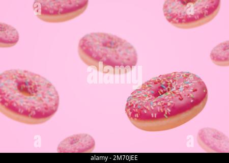 Scène de beignes volantes. Arrière-plan abstrait défoqué. Beignets de glace roses avec des saupoudres colorées sur fond violet clair Banque D'Images