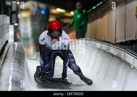 WINTERBERG, ALLEMAGNE - JANVIER 6 : Hallie Clarke, des États-Unis, s'affronte dans le Skeleton féminin lors de la coupe du monde Bob et squelette de la BMW IBSF à la Veltins-EisArena sur 6 janvier 2023 à Winterberg, Allemagne (photo de Patrick Goosen/Orange Pictures) Banque D'Images