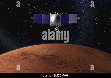 MAVEN - sonde spatiale conçue pour étudier l'atmosphère martienne en orbite autour de Mars - 3D rendu - éléments de cette image fournis par la NASA. Banque D'Images