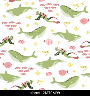 Motif vectoriel sans couture avec baleine, orque, plongeur, crevettes, algues.dessin animé sous-marin.arrière-plan marin.joli motif océan pour tissu Illustration de Vecteur