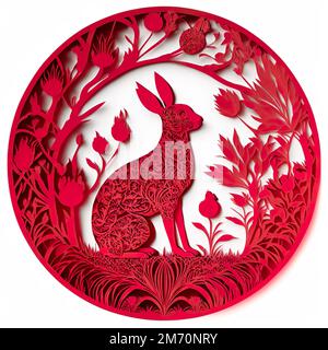 Motifs chinois traditionnels rouges avec lapins sur fond blanc Banque D'Images