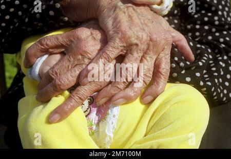 Mures County, Roumanie, environ 2001. Grande-mère tenant sa grande petite-fille sur ses genoux. Gros plan sur les mains de la femme âgée. Banque D'Images