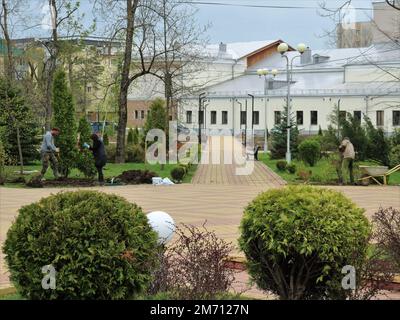 un groupe de personnes plantent des arbres et des arbustes dans un parc de la ville avec un beau paysage et des bâtiments historiques, embellissant la zone du parc Banque D'Images
