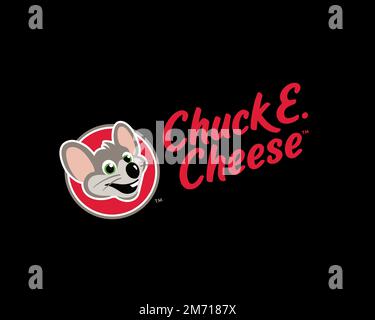 Chuck E. Cheese, logo pivoté, fond noir Banque D'Images