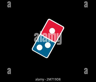 Domino's Pizza, logo pivoté, fond noir Banque D'Images