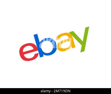 EBay, logo pivoté, fond blanc Banque D'Images