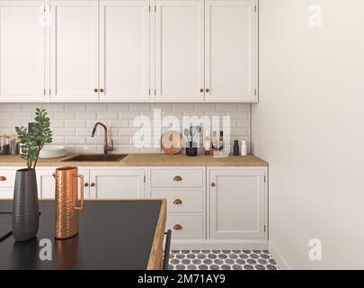 Cuisine intérieure moderne. Chambre design et décoration avec plantes vertes et comptoir de cuisine blanc pastel et armoire table à manger en bois. 3d Banque D'Images