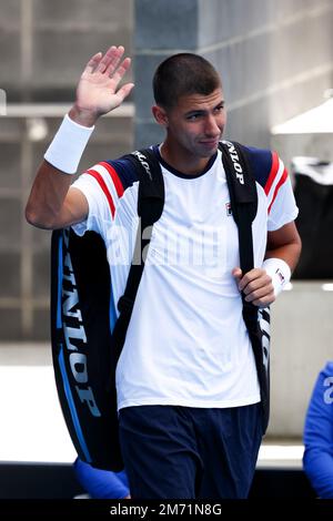 Adélaïde, Australie, 6 janvier 2023. Alexei Popyrin d'Australie pendant le match de tennis international d'Adélaïde entre Yoshihito Nishioka du Japon et Alexei Popyrin d'Australie à Memorial Drive sur 06 janvier 2023 à Adélaïde, en Australie. Crédit : Peter Mundy/Speed Media/Alay Live News Banque D'Images