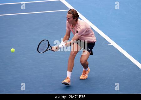 Adélaïde, Australie, 6 janvier 2023. Sebastian Korda des États-Unis b/lors du match de tennis international d'Adélaïde entre Jannik sinner d'Italie et Sebastian Korda des États-Unis à Memorial Drive sur 06 janvier 2023 à Adélaïde, en Australie. Crédit : Peter Mundy/Speed Media/Alay Live News Banque D'Images