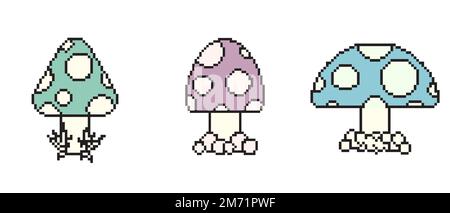 Pixel art champignons dessin animé style de jeu rétro. Pixel art, champignons numériques, icône Web plate, objets rétro de conception vectorielle. Illustration vectorielle Illustration de Vecteur