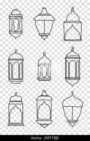Collection de symboles de lanterne arabe islamique Line Icon. Jeu de lanternes dessinées à la main. Illustration vectorielle de style doodle Illustration de Vecteur