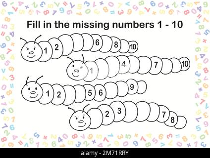 Feuille de travail de la maternelle, remplissez l'exercice des nombres manqués, format vectoriel. Tâches de mathématiques de la maternelle et maternelle Illustration de Vecteur
